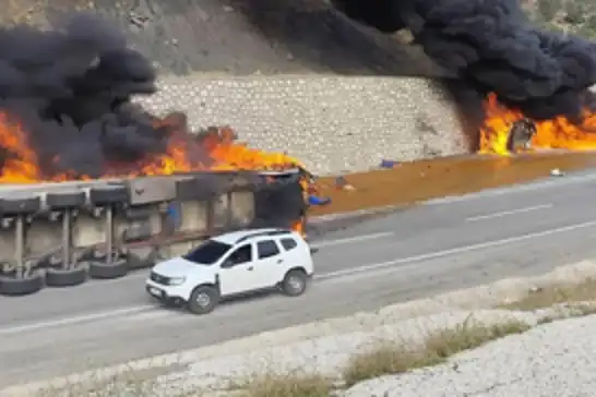 Siirt’te şeftali konsantresi yüklü tır alev aldı: Sürücü yaralandı