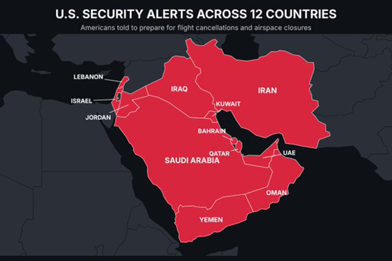 US issues security alerts for Americans across 12 Middle Eastern countries